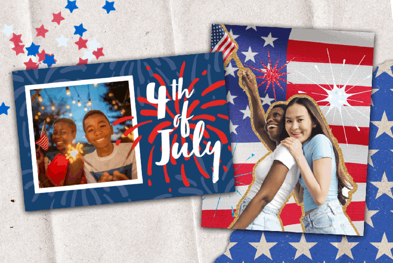 4th of July collage templates featuring fireworks, American flag patterns, patriotic stars, “4th of July” lettering, and friends celebrating with sparklers.