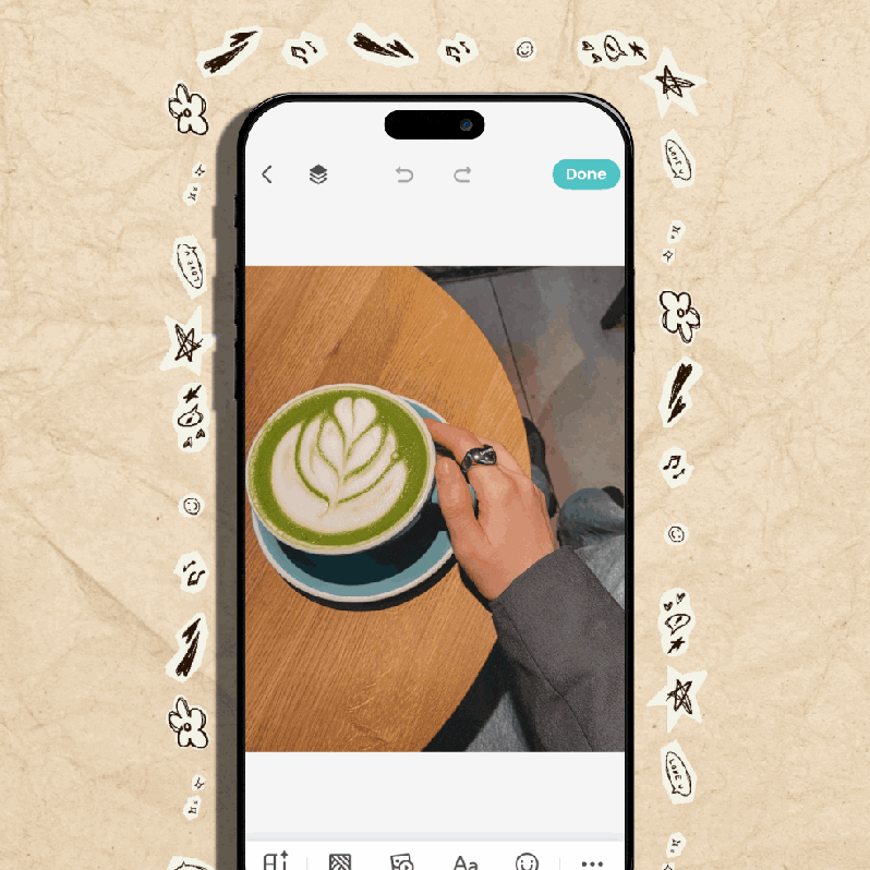 Step-by-step GIF showing how to add a sticker border to a photo in the PicCollage app—tap a photo, select Border, choose the sticker border option, and apply a decorative frame.