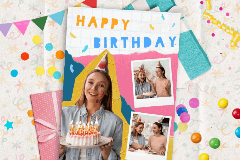 Happy birthday collage template with confetti background, colorful torn-paper design, party photo cutouts, and a person holding a birthday cake.