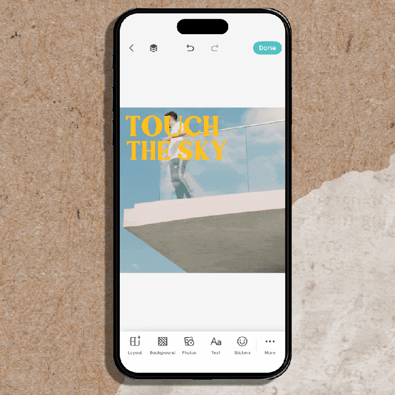 Before-and-after collage GIF: Magic Expand creates negative space around a photo to add the quote โTouch the Skyโ without covering the subject.