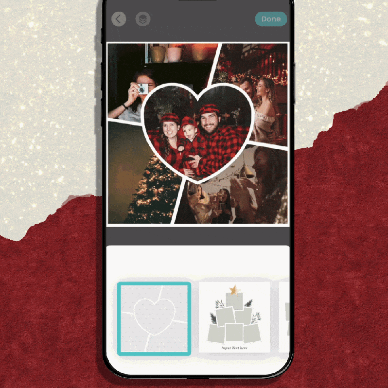 PicCollage animated preview showing Christmas photo grids (heart, tree, lights, snowflake) with family photos and templates.