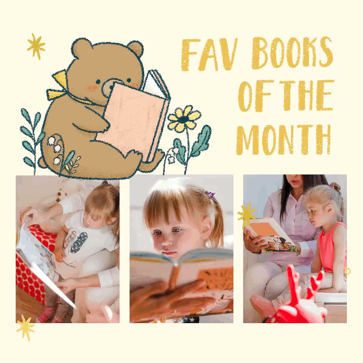 Fav Books of the Month” reading collage template featuring cute bear illustration and photos of children reading books, perfect for International Children’s Book Day