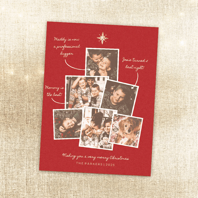 A GIF shows three different collage templates for a red holiday card. Each template features a unique arrangement of sepia-toned photos of a family with two children and a dog. The GIF cycles through the three different card designs, highlighting various photos with handwritten-style notes like "Maddy is now a professional hugger" and "Josie turned 5 last night!" The cards also include a glittering star and the text, "Wishing you a very merry Christmas" from "THE PARKERS."
