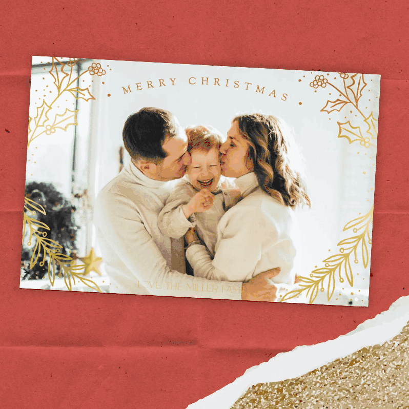 A horizontal GIF shows a red holiday card on a light beige, textured background. The card has a collage of several photos in sepia tone. In the center, a photo shows two smiling children. Surrounding it are smaller photos, including a close-up of a smiling child, a man hugging a child, two kids with their mother, and a golden dog. The GIF highlights specific photos with handwritten-style labels, such as "Maddy is now a professional hugger" and "Josie turned 5 last night!" At the top is a glittering star, and at the bottom, it says "Wishing you a very merry Christmas," "THE PARKERS," and "2025."