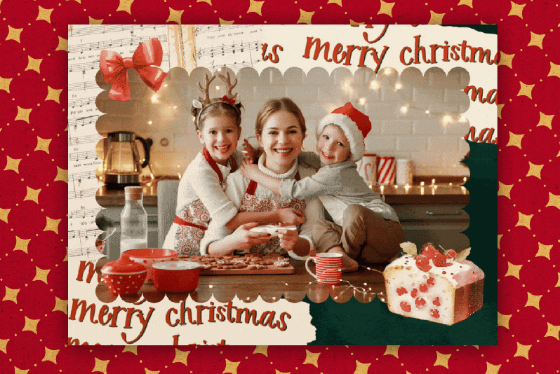 A gif showing a family Christmas card with a Vintage-style magic effect called Holiday Spirit. The photo is of a mom and two kids baking, Santa hat and reindeer headband, “Merry Christmas” lettering, and a holiday cake.