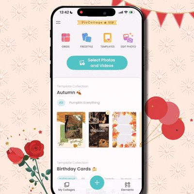 Animated phone screen showing PicCollage app workflow for creating a DIY card, with festive balloons and bunting in the background.