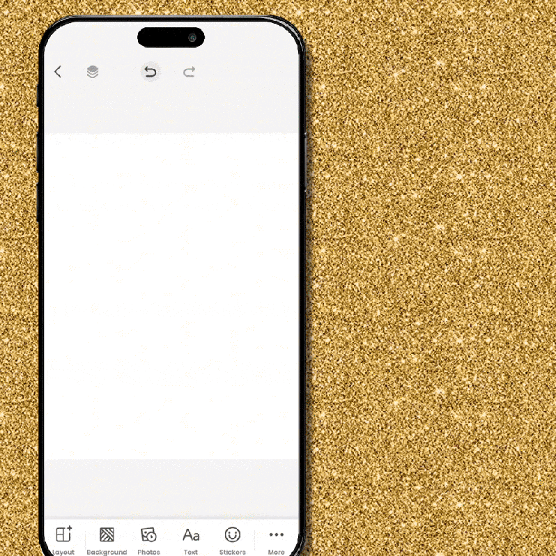 Animated GIF tutorial showing how to DIY a family Christmas card in PicCollage: add Whimsical Christmas stickers, Holiday Textures background, custom text, and a subtle animation effect.