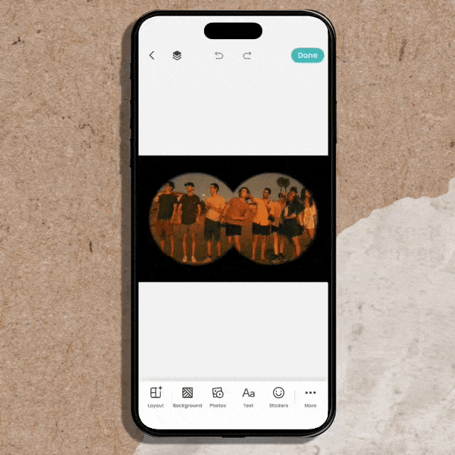 GIF showing a tight group photo expanded on the sides with Magic Expand, then placed into a PicCollage layout with better spacing.