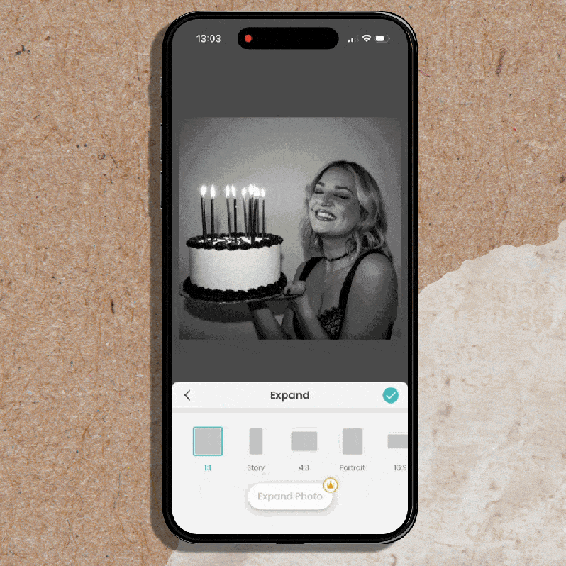 Before-and-after GIF of one photo expanded into three aspect ratiosโStory, portrait, and landscapeโusing PicCollage Magic Expand.