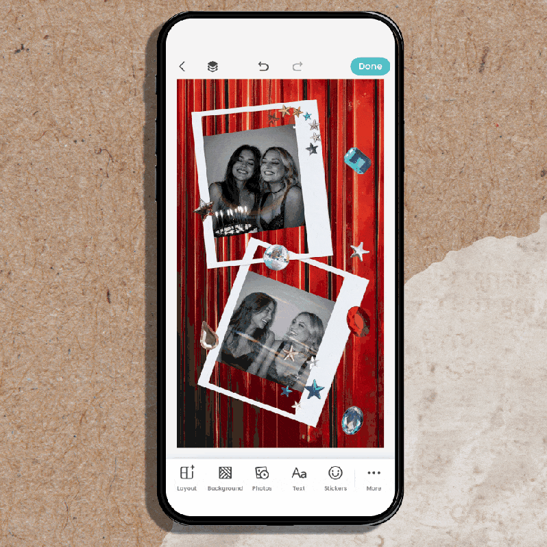 Before-and-after GIF of a grid collage: one photo fits awkwardly, then Magic Expand extends the edges so it fills the template slot evenly.