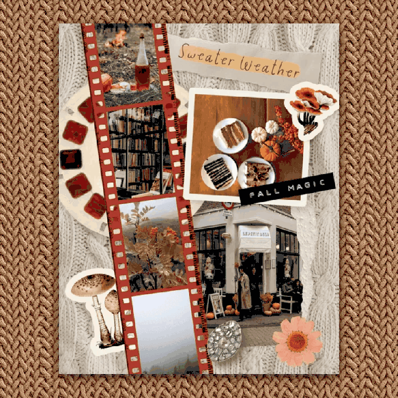A looping GIF that shows four different digital collages, each with a cozy, fall theme. The collages are made from various elements like Polaroid-style photos, film strips, and decorative stickers. The imagery includes scenes of people in cafes, cozy indoor settings, and nature shots of autumn foliage. Key elements such as teacups, books, mushrooms, and seasonal phrases like "Sweater Weather" and "Fall Magic" appear across the different designs.