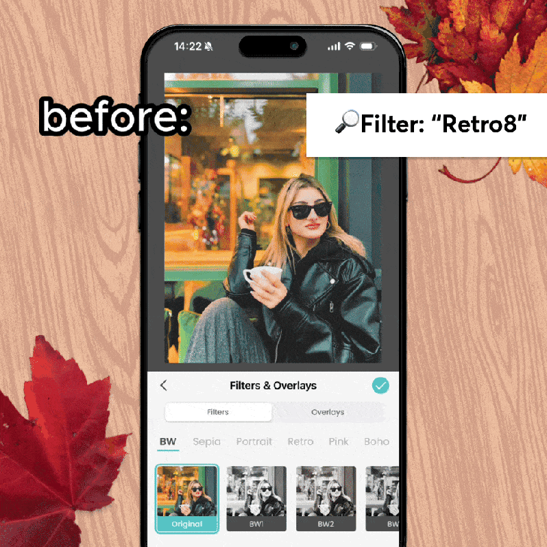 A user interface of the PicCollage photo editing app is shown on a smartphone. The GIF cycles through applying different filters to a photo of a woman. A text overlay shows the name of each filter as it's applied, such as "Retro8", "Boho5", and "Pink2". The background is a rustic wooden surface decorated with autumn leaves.