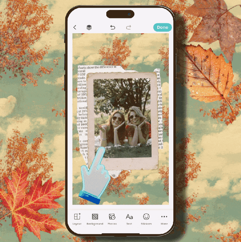 A smartphone screen displays a photo editing app. The GIF shows a user adjusting the vibrancy and saturation of a photo of two women lounging outdoors. The colors in the image become more rich and intense, and then return to their original state. An animated hand with a glowing fingertip points to the options being selected at the bottom of the screen. The phone is set against a background of a colorful sky and autumn leaves.