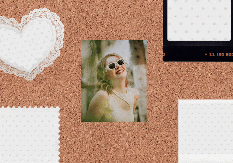 Picture frame collage with decorative borders and mixed photo styles arranged on a textured brown background.