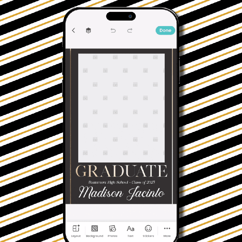 Animation of editing a graduation card template in an app, replacing a photo and updating the name from “Madison Jacinto,” on a black‑and‑gold striped backdrop.