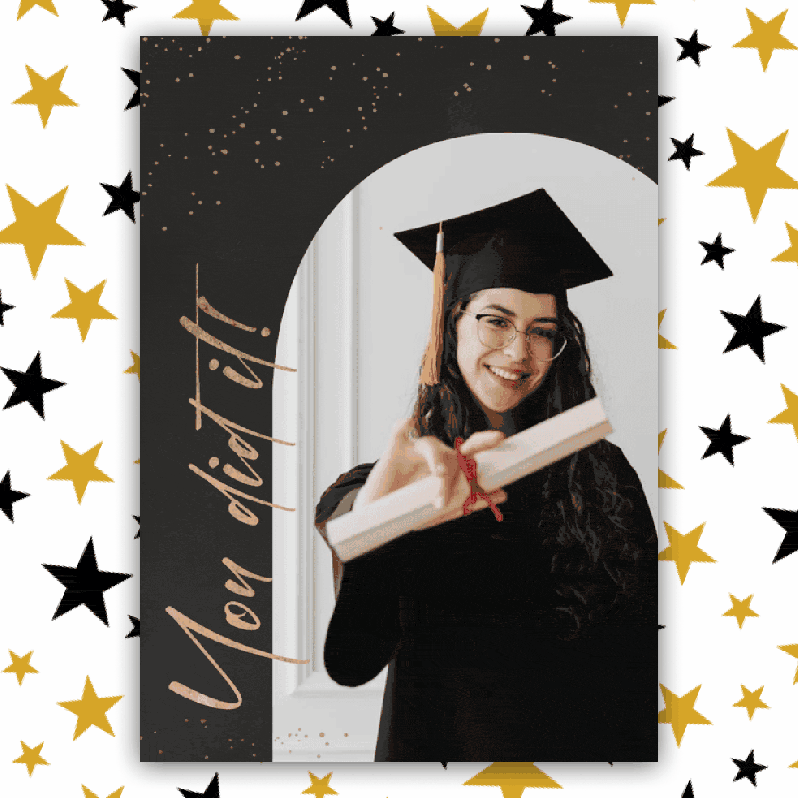 Animated GIF of a black and gold graduation card template. A smiling graduate in cap and gown holds a diploma, framed by an arched cutout. Gold confetti dots and the script “You did it!” run vertically on the left, with a scattered gold and black star background behind the card.