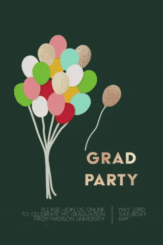 “Grad Party!” lettering with gold confetti, bunting, balloons, champagne glasses, and a cupcake on a charcoal background.