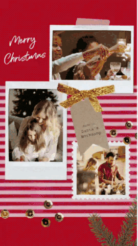 Christmas Instagram Video Collage on a red background with instant photo-style family photos and videos, “Merry Christmas” text, striped scrapbook accents, and festive stickers (gold bow, ornaments, pine branch)—holiday photo dump design made in PicCollage.