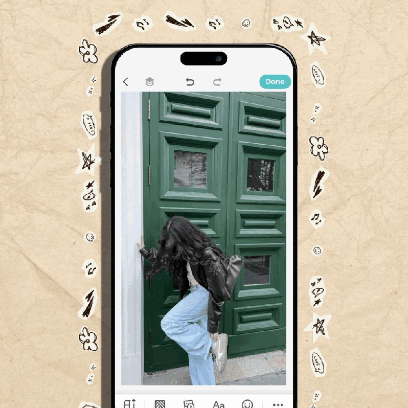 Step-by-step GIF showing how to add a sticker border to a photo in the PicCollage app—tap the photo, open Border, choose the sticker border option, and apply a style.