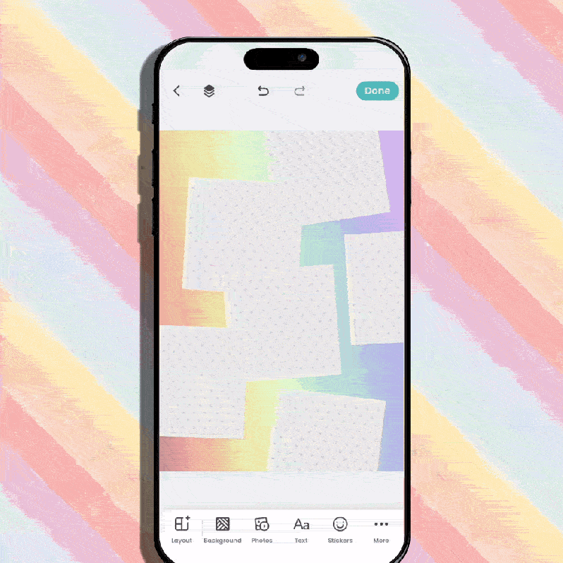 A step-by-step animated GIF showing how to add Pride quote text to a colorful Pride template in the PicCollage app—tap Text, type your quote, style it, and place it on the design for an easy Pride quote collage tutorial.