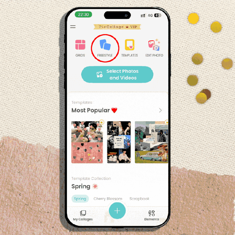Step-by-step GIF showing how to create an Instagram Story collage in PicCollage using a full-photo background with a framed photo overlay, then adding stickers and text for a polished look.