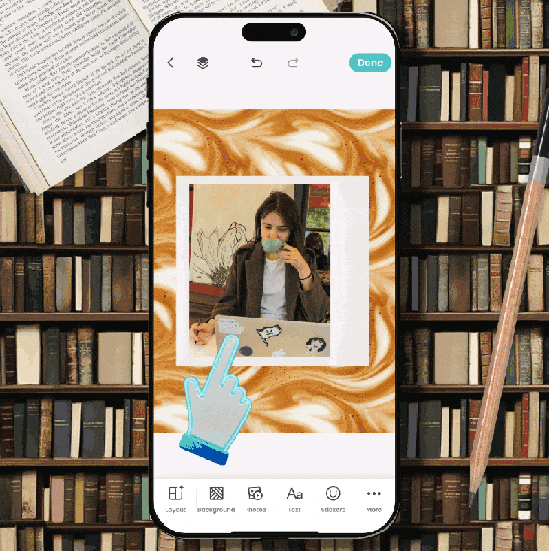 A screen recording shows a user editing a photo on a smartphone. The user taps on various overlay options, which are shown as small icons at the bottom of the screen. The GIF cycles through applying different backgrounds and frames to the central photo of a woman drinking from a mug. The backgrounds include patterns like coffee swirls, a vintage floral design, and a plaid pattern. A large, animated hand with a glowing fingertip points to the options being selected. The phone is set against a background of bookshelves.