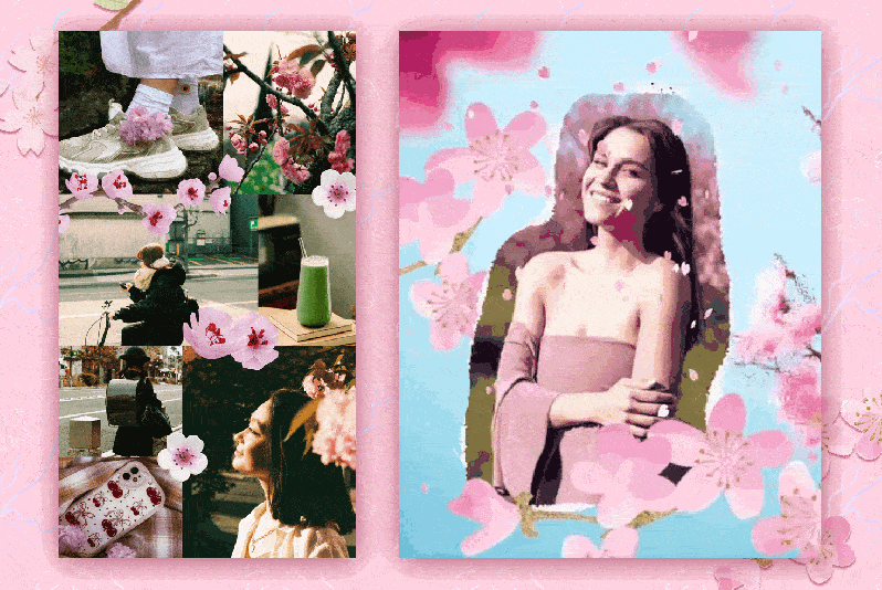 Spring aesthetic photo collage featuring cherry blossoms, sneakers with pink flowers, blooming tree branches, city street snapshots, and a green matcha drink, alongside a smiling portrait framed by pink cherry blossoms with falling sakura petals on a bright blue spring background.