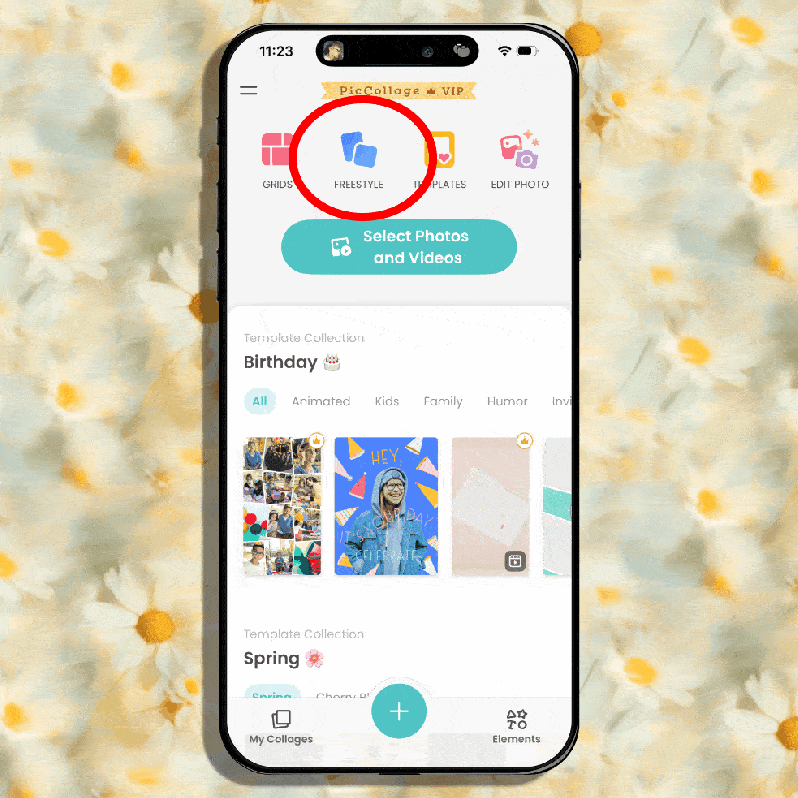 Animated GIF showing how to make a spring phone wallpaper in the PicCollage app, highlighting the Freestyle editor and a spring template collection.
