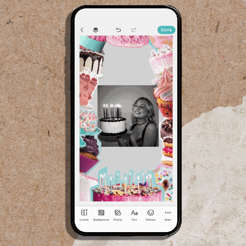 Step-by-step screen recording showing how to use Magic Expand in PicCollage: open Edit, tap Expand, choose a ratio, and apply.