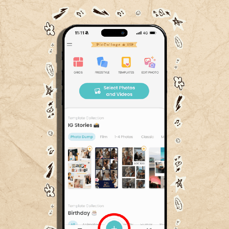Step-by-step GIF showing how to add a sticker border to a photo in the PicCollage app—tap a photo, select Border, choose the sticker border option, and apply a decorative frame.