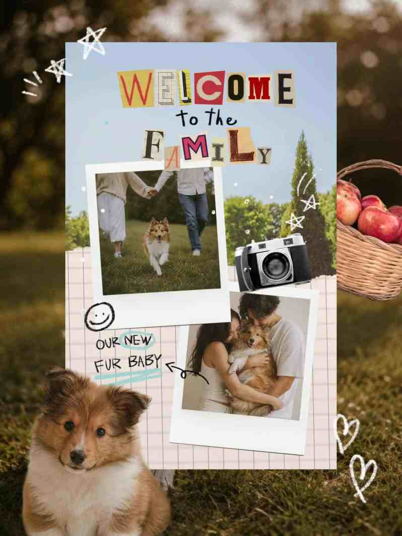 Photo Collage about a dog with a text saying "Welcome to the family"