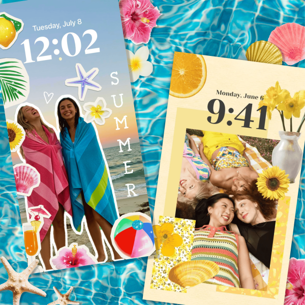 Summer wallpapers for phones featuring bright collagecore designs with beach photos, tropical stickers, and colorful decorative elements on blue water background