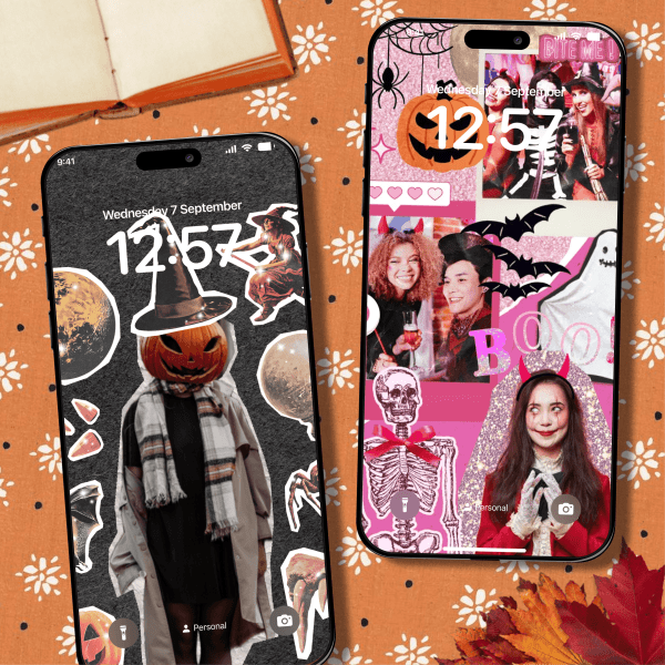 A composite image features two smartphones with Halloween-themed wallpapers on a rustic orange background with a white floral pattern. The phone on the left has a darker wallpaper with a central figure wearing a pumpkin head and a witch's hat, surrounded by stickers of a full moon, a ghost, and other spooky elements. The phone on the right has a pink-themed collage wallpaper with photos of people in costumes, and Halloween stickers like a pumpkin, ghosts, and bats. A book and some autumn leaves are also visible in the background.