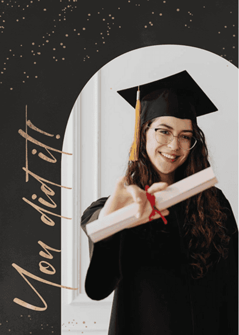 Black and gold graduation greeting card template with 'Congratulations' lettering and a graduate photo