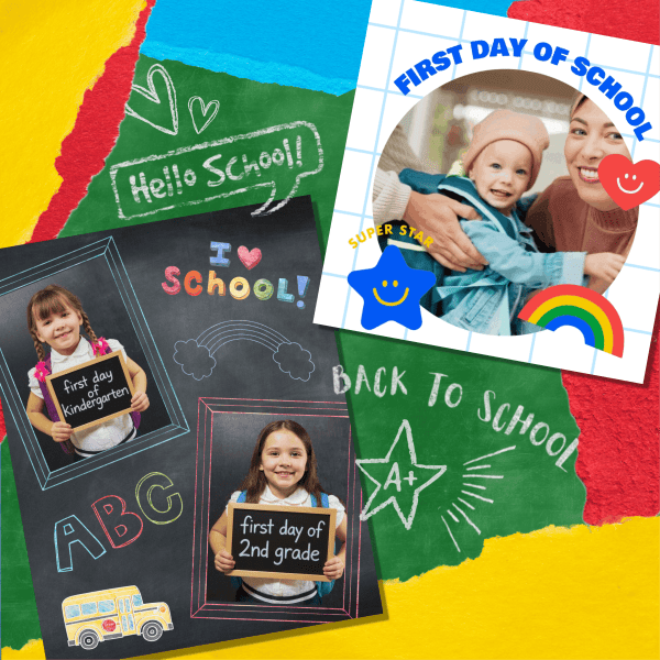 Cute picture ideas for back to school featuring kindergarten and elementary students in creative first day photo templates with chalkboard backgrounds, colorful stickers, and milestone information boards.