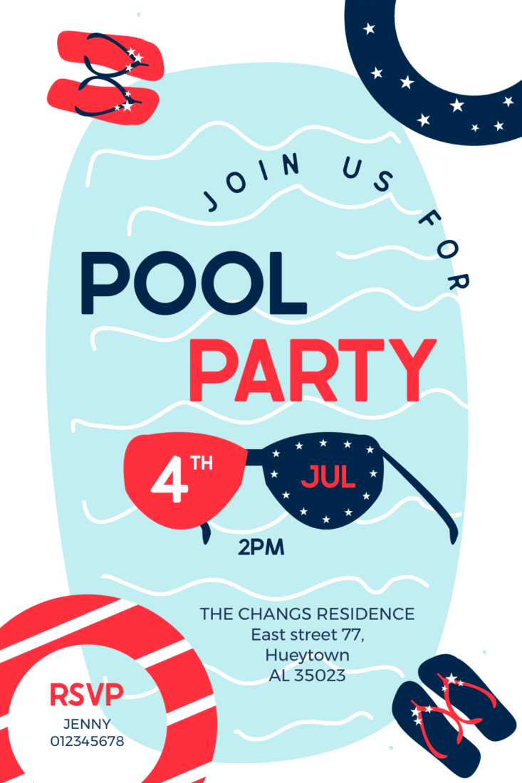 Fourth of July pool party invitation with a light-blue water background, red-and-navy flip-flops and stars, and sunglasses reading โPool Partyโ with details: July 4, 2 PM, The Changs Residence, East Street 77, Hueytown, AL 35023, RSVP Jenny.