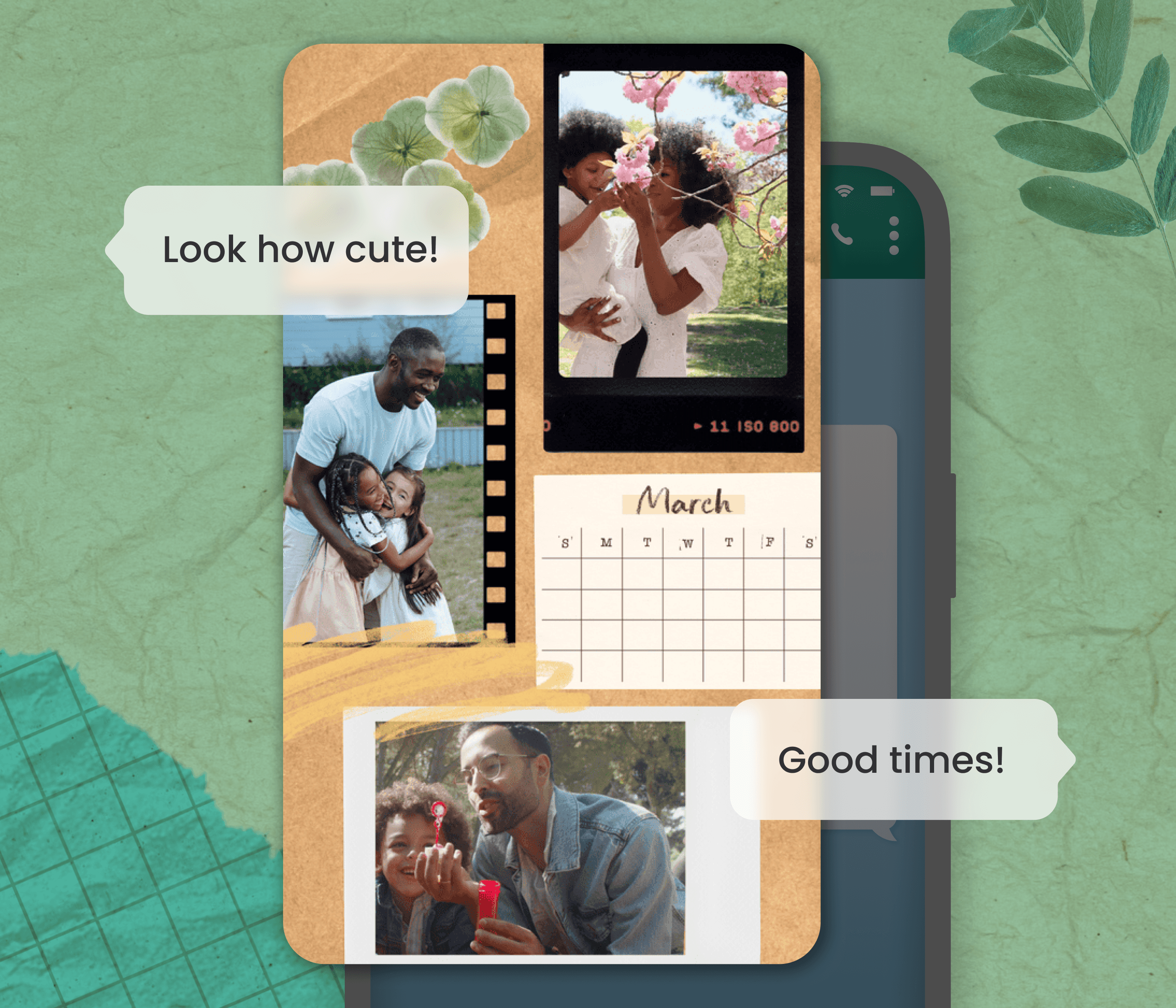 Phone showing a family video collage with speech bubbles 'Look how cute!' and 'Good times!'