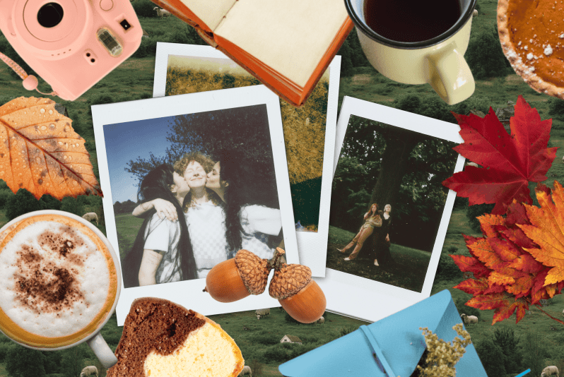A collection of fall-themed items are arranged on a collage. The items include two instant photos of people in a field, a piece of pumpkin pie, a slice of marble cake, two acorns, a cup of coffee with latte art, a cup of tea, a camera, a book, and several colorful autumn leaves.