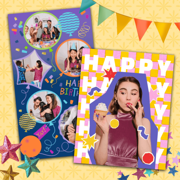 Two colorful birthday card templates showing friends celebrating - one with multiple friend photos, another with a girl holding a cupcake, demonstrating birthday wishes for a friend using PicCollage.