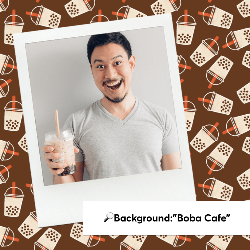 National Boba Day photo collage of a smiling person holding an iced boba milk tea, framed like a Polaroid on a “Boba Cafe” bubble tea background with repeating boba cup icons.