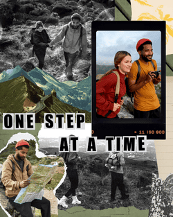 Adventure travel collage with hikers and scenic mountain views.