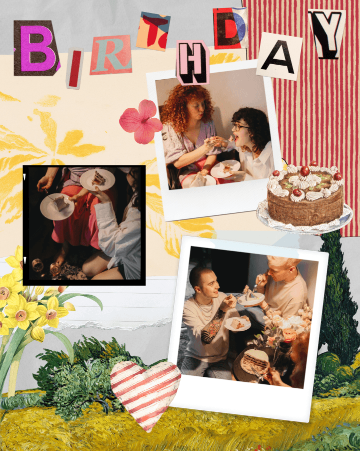 Eclectic scrapbook birthday card template with cut-out BIRTHDAY lettering, three photo slots, and floral patterns