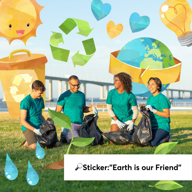 Earth Day volunteer cleanup collage showing a group picking up trash outdoors, with recycling and “Earth is our Friend” stickers, globe illustration, and eco icons for Earth Day social posts.