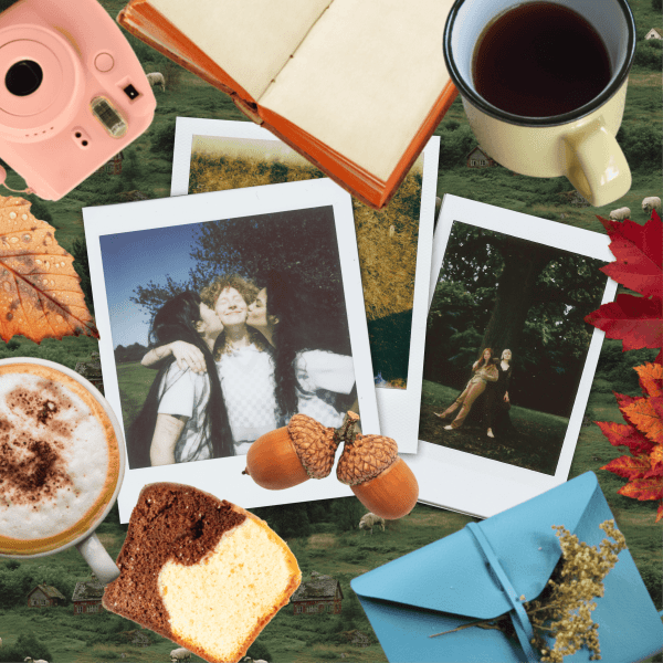 A collection of fall-themed items are arranged on a collage. The items include two instant photos of people in a field, a piece of pumpkin pie, a slice of marble cake, two acorns, a cup of coffee with latte art, a cup of tea, a camera, a book, and several colorful autumn leaves.