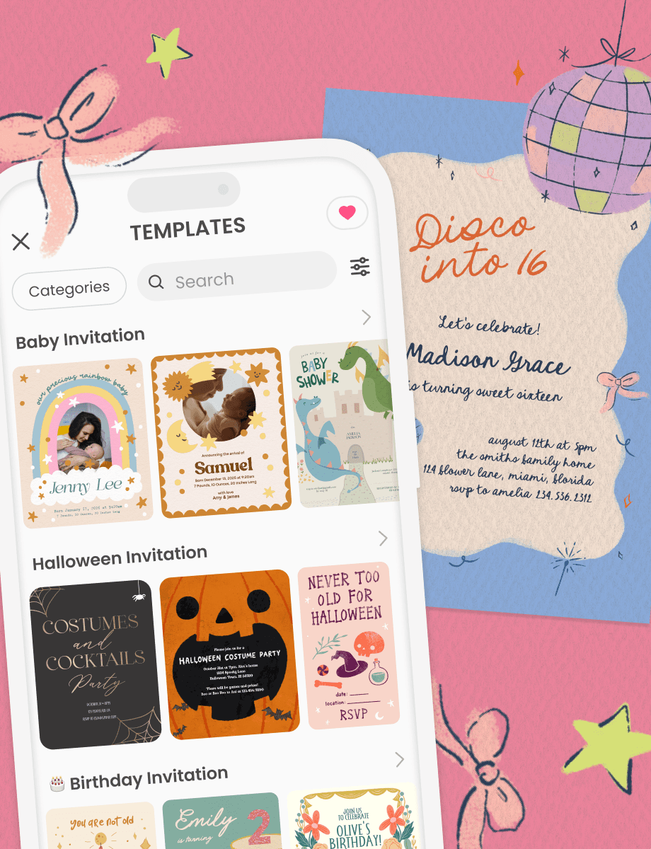 Step 1: browsing greeting card template categories like birthday and party in the PicCollage app