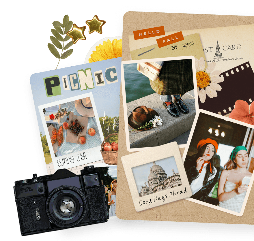 Two digital scrapbook pages with 'Picnic' and 'Hello Fall' themes and a vintage camera