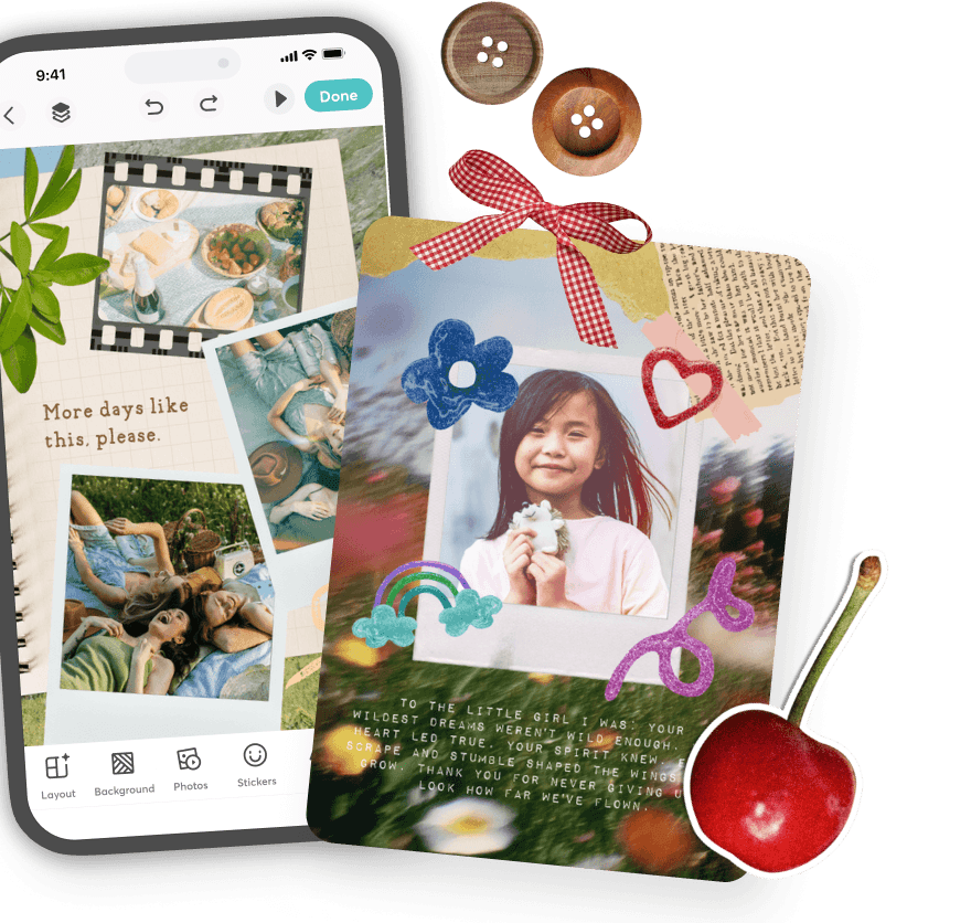 Phone showing a digital scrapbook page with photos, stickers, and 'More days like this, please' text