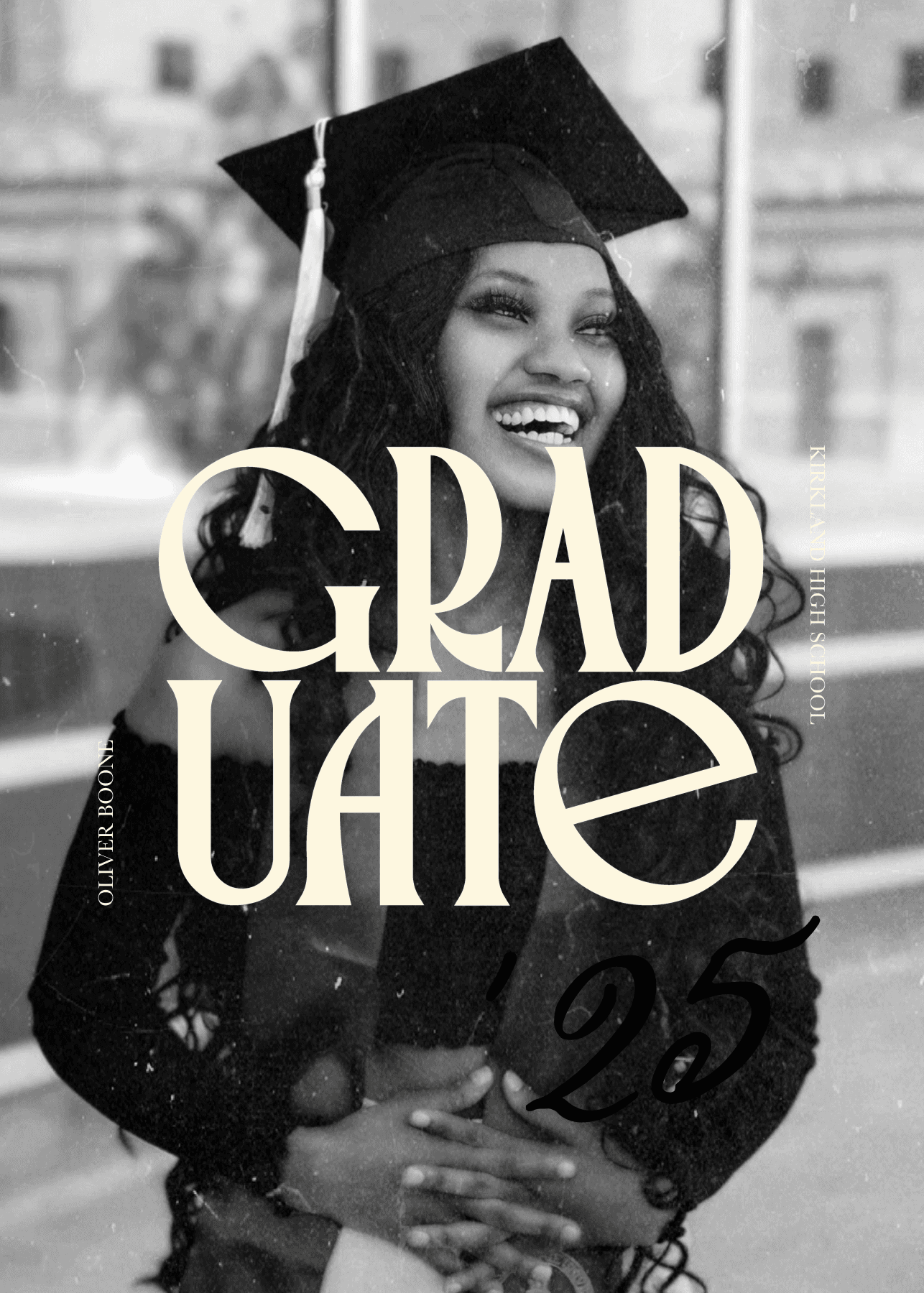 Graduation greeting card template with a blue and gold floral border and a 'Class of 26' photo