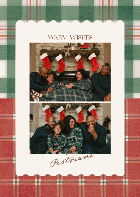 Plaid 'Warm Wishes' holiday card template with two family photos by a fireplace