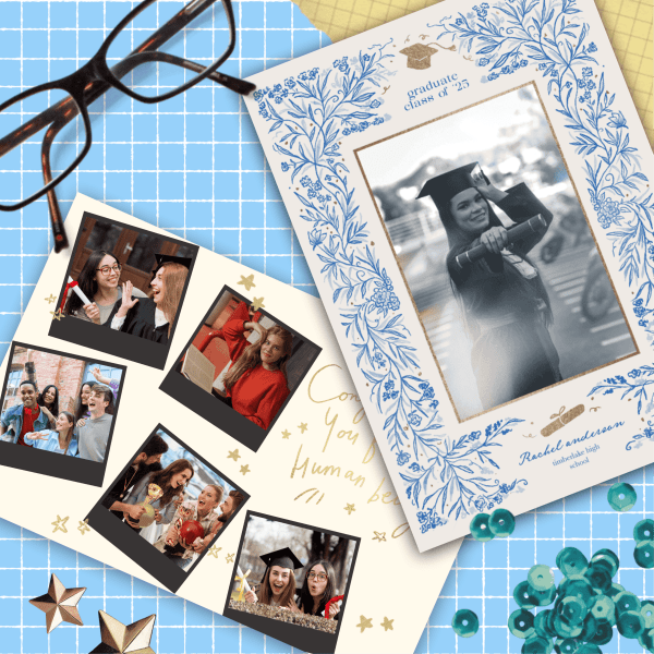 Square social image showing graduation card templates, photo collage, and blue floral frame design on school-style grid background.